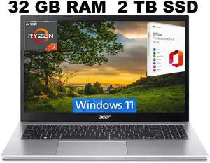 Acer Aspire 3 15 Laptop, 15.6" FHD Display, AMD Ryzen 7 5700U 8 Cores Processor, AMD Radeon Graphics, 32GB DDR4  2TB PCIe SSD, Wi-Fi 6, Windows 11 ,Office 2024 License