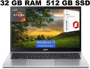 Acer Aspire 3 15 Laptop, 15.6" FHD Display, AMD Ryzen 7 5700U 8 Cores Processor, AMD Radeon Graphics, 32GB DDR4  512GB PCIe SSD, Wi-Fi 6, Windows 11 Pro ,Office 2024 License