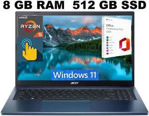 Acer Aspire 3 15 Laptop, 15.6" FHD (1920 x 1080) Touchscreen, AMD Ryzen 5 7520U 4 Cores Processor, AMD Radeon Graphics, 8GB  DDR4  512GB  PCIe SSD, Wi-Fi 6, Windows 11 Home ,Office 2024 License