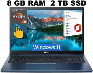 Acer Aspire 3 15 Laptop, 15.6" FHD (1920 x 1080) Touchscreen, AMD Ryzen 5 7520U 4 Cores Processor, AMD Radeon Graphics, 8GB  DDR4  2TB PCIe SSD, Wi-Fi 6, Windows 11 Home ,Office 2024 License