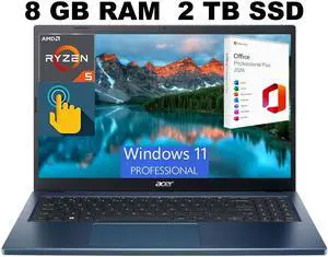 Acer Aspire 3 15 Laptop, 15.6" FHD (1920 x 1080) Touchscreen, AMD Ryzen 5 7520U 4 Cores Processor, AMD Radeon Graphics, 8GB  DDR4  2TB PCIe SSD, Wi-Fi 6, Windows 11 Pro ,Office 2024 License
