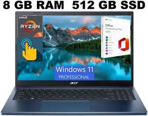 Acer Aspire 3 15 Laptop, 15.6" FHD (1920 x 1080) Touchscreen, AMD Ryzen 5 7520U 4 Cores Processor, AMD Radeon Graphics, 8GB  DDR4  512GB  PCIe SSD, Wi-Fi 6, Windows 11 Pro ,Office 2024 License