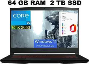 MSI GF63 Thin 15 Gaming Laptop, 15.6" FHD 144Hz, Intel Core i5-11400H 6 Cores Processors, GeForce RTX 3050 4 GB GDDR6, 64GB DDR4  2TB PCIe SSD, Wi-Fi 6, Windows 11 Pro ,Office 2024 License
