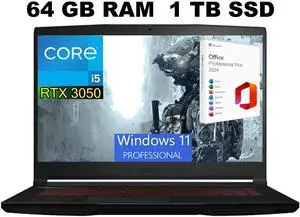 MSI GF63 Thin 15 Gaming Laptop, 15.6" FHD 144Hz, Intel Core i5-11400H 6 Cores Processors, GeForce RTX 3050 4 GB GDDR6, 64GB DDR4  1TB PCIe SSD, Wi-Fi 6, Windows 11 Pro ,Office 2024 License