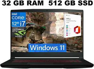 MSI Thin GF63 15 Gaming Laptop, 15.6" FHD 144Hz, Intel Core i7-12650H 10-Cores, GeForce RTX 4050 6GB GDDR6 Graphics, 32GB DDR4  512GB PCIe SSD, Cooler Boost 5, Windows 11 ,Office 2024 License