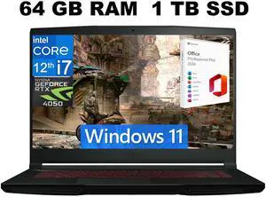 MSI Thin GF63 15 Gaming Laptop, 15.6" FHD 144Hz, Intel Core i7-12650H 10-Cores, GeForce RTX 4050 6GB GDDR6 Graphics, 64GB DDR4  1TB PCIe SSD, Cooler Boost 5, Windows 11 ,Office 2024 License