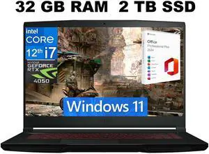 MSI Thin GF63 15 Gaming Laptop, 15.6" FHD 144Hz, Intel Core i7-12650H 10-Cores, GeForce RTX 4050 6GB GDDR6 Graphics, 32GB DDR4  2TB PCIe SSD, Cooler Boost 5, Windows 11 ,Office 2024 License