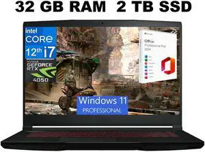 MSI Thin GF63 15 Gaming Laptop, 15.6" FHD 144Hz, Intel Core i7-12650H 10-Cores, GeForce RTX 4050 6GB GDDR6 Graphics, 32GB DDR4  2TB PCIe SSD, Cooler Boost 5, Windows 11 Pro ,Office 2024 License