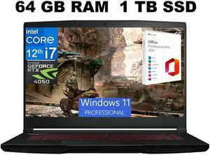 MSI Thin GF63 15 Gaming Laptop, 15.6" FHD 144Hz, Intel Core i7-12650H 10-Cores, GeForce RTX 4050 6GB GDDR6 Graphics, 64GB DDR4  1TB PCIe SSD, Cooler Boost 5, Windows 11 Pro ,Office 2024 License