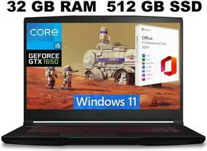 MSI GF63 Thin 15 Gaming Laptop, 15.6" FHD Display, Intel Core i5-11400H 6 core Processor, NVIDIA GeForce GTX 1650 4GB, 32GB DDR4  512GB PCIe SSD, Backlit KB, Windows 11 ,Office 2024 License
