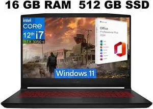 MSI Katana GF66 15 Gaming Laptop, 15.6" 144Hz Display, Intel Core i7-12650H 10 cores Processor, GeForce RTX 3050 Ti 4 GB, 16GB DDR4  512GB PCIe SSD, Cooler Boost 5, Windows 11 ,Office 2024 License