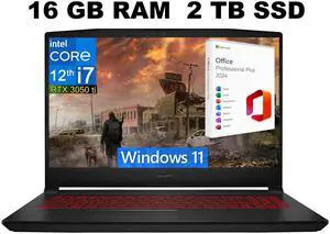MSI Katana GF66 15 Gaming Laptop, 15.6" 144Hz Display, Intel Core i7-12650H 10 cores Processor, GeForce RTX 3050 Ti 4 GB, 16GB DDR4  2TB PCIe SSD, Cooler Boost 5, Windows 11 ,Office 2024 License