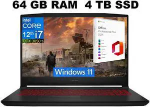 MSI Katana GF66 15 Gaming Laptop, 15.6" 144Hz Display, Intel Core i7-12650H 10 cores Processor, GeForce RTX 3050 Ti 4 GB, 64GB DDR4  4TB PCIe SSD, Cooler Boost 5, Windows 11 ,Office 2024 License