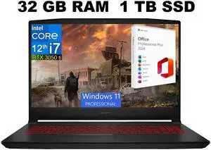 MSI Katana GF66 15 Gaming Laptop, 15.6" 144Hz Display, Intel Core i7-12650H 10 cores Processor, GeForce RTX 3050 Ti 4 GB, 32GB DDR4  1TB PCIe SSD, Cooler Boost 5, Windows 11 Pro ,Office 2024 License