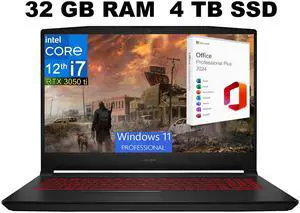 MSI Katana GF66 15 Gaming Laptop, 15.6" 144Hz Display, Intel Core i7-12650H 10 cores Processor, GeForce RTX 3050 Ti 4 GB, 32GB DDR4  4TB PCIe SSD, Cooler Boost 5, Windows 11 Pro ,Office 2024 License