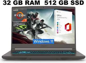 MSI Thin A15 Gaming Laptop, 15.6" FHD 144Hz, AMD Ryzen 7 7735HS 8 Cores Processor, NVIDIA GeForce RTX 4050 6GB GDDR6, 32GB DDR5  512GB PCIe SSD, Cooler Boost 5, Windows 11 ,Office 2024 License
