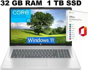 HP 17 Laptop, 17.3" FHD (1920 x 1080) Display, Intel Core i3-N305 8 Cores Processor, Intel UHD Graphics, 32GB DDR4 1TB PCIe SSD, Fingerprint Reader, Wi-Fi 6, Windows 11 ,Office 2021 License HP 17 Laptop, 17.3" FHD (1920 x 1080) Display, Intel Core i3-N305 8 Cores Processor, Intel UHD Graphics, 32GB DDR4 1TB PCIe SSD, Fingerprint Reader, Wi-Fi 6, Windows 11 ,Office 2021 License