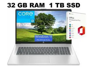 HP 17 Laptop, 17.3" FHD (1920 x 1080) Display, Intel Core i3-N305 8 Cores Processor, Intel UHD Graphics, 32GB DDR4 1TB PCIe SSD, Fingerprint Reader, Wi-Fi 6, Windows 11 Pro ,Office 2021 License HP 17 Laptop, 17.3" FHD (1920 x 1080) Display, Intel Core i3-N305 8 Cores Processor, Intel UHD Graphics, 32GB DDR4 1TB PCIe SSD, Fingerprint Reader, Wi-Fi 6, Windows 11 Pro ,Office 2021 License