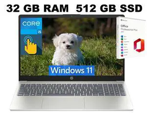 HP 15 Laptop, 15.6" FHD Touchscreen, Intel Core i5-1334U 10 cores Processor, Intel Iris Xe Graphics, 32GB DDR4 512GB PCIe SSD, Wi-Fi 6 and Bluetooth 5.3, Windows 11, Office 2021 License HP 15 Laptop, 15.6" FHD Touchscreen, Intel Core i5-1334U 10 cores Processor, Intel Iris Xe Graphics, 32GB DDR4 512GB PCIe SSD, Wi-Fi 6 and Bluetooth 5.3, Windows 11, Office 2021 License