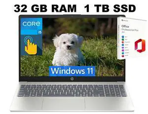 HP 15 Laptop, 15.6" FHD Touchscreen, Intel Core i5-1334U 10 cores Processor, Intel Iris Xe Graphics, 32GB DDR4 1TB PCIe SSD, Wi-Fi 6 and Bluetooth 5.3, Windows 11, Office 2021 License HP 15 Laptop, 15.6" FHD Touchscreen, Intel Core i5-1334U 10 cores Processor, Intel Iris Xe Graphics, 32GB DDR4 1TB PCIe SSD, Wi-Fi 6 and Bluetooth 5.3, Windows 11, Office 2021 License