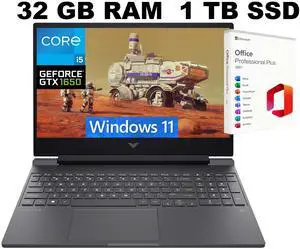 HP Victus 15 Gaming Laptop, 15.6" FHD 144Hz Display, Intel Core i5-12450H 8 Cores Processor, NVIDIA GeForce GTX 1650 4 GB GDDR5, 32GB DDR4 1TB PCIe SSD, Windows 11, Office 2021 License HP Victus 15 Gaming Laptop, 15.6" FHD 144Hz Display, Intel Core i5-12450H 8 Cores Processor, NVIDIA GeForce GTX 1650 4 GB GDDR5, 32GB DDR4 1TB PCIe SSD, Windows 11, Office 2021 License