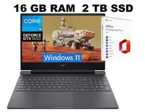 HP Victus 15 Gaming Laptop, 15.6" FHD 144Hz Display, Intel Core i5-12450H 8 Cores Processor, NVIDIA GeForce GTX 1650 4 GB GDDR5, 16GB DDR4 2TB PCIe SSD, Windows 11, Office 2021 License HP Victus 15 Gaming Laptop, 15.6" FHD 144Hz Display, Intel Core i5-12450H 8 Cores Processor, NVIDIA GeForce GTX 1650 4 GB GDDR5, 16GB DDR4 2TB PCIe SSD, Windows 11, Office 2021 License
