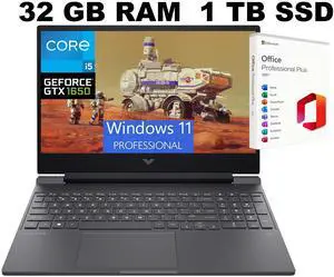 HP Victus 15 Gaming Laptop, 15.6" FHD 144Hz Display, Intel Core i5-12450H 8 Cores Processor, NVIDIA GeForce GTX 1650 4 GB GDDR5, 32GB DDR4 1TB PCIe SSD, Windows 11 Pro, Office 2021 License HP Victus 15 Gaming Laptop, 15.6" FHD 144Hz Display, Intel Core i5-12450H 8 Cores Processor, NVIDIA GeForce GTX 1650 4 GB GDDR5, 32GB DDR4 1TB PCIe SSD, Windows 11 Pro, Office 2021 License