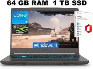 MSI Thin 15 Gaming Laptop, 15.6" FHD 144Hz, Intel Core i5-13420H 8 cores Processor, NVIDIA GeForce RTX 4050 6GB Graphic, 64GB DDR5 1TB PCIe SSD, Backlit KB, Windows 11 ,Office 2021 License MSI Thin 15 Gaming Laptop, 15.6" FHD 144Hz, Intel Core i5-13420H 8 cores Processor, NVIDIA GeForce RTX 4050 6GB Graphic, 64GB DDR5 1TB PCIe SSD, Backlit KB, Windows 11 ,Office 2021 License