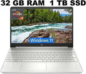 HP 15 Laptop, 15.6" HD (1366 x 768) Display, AMD Ryzen 3 5300U 4 Cores Processor, AMD Radeon Graphics, 32GB DDR4  1TB PCIe SSD, Webcam, HDMI, Wi-Fi, Windows 11