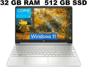 HP 15 Laptop, 15.6" HD (1366 x 768) Touchscreen, Intel Core i3-1115G4 2 Cores Processor, Intel UHD Graphics, 32GB DDR4  512GB PCIe SSD, WiFi, Bluetooth, Numeric Keypad, Windows 11