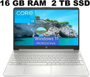 HP 15 Laptop, 15.6" Full HD (1920 x 1080) Display, Intel Core i3-1115G4 2 Cores Processor, Intel UHD Graphics, 16GB DDR4  2TB PCIe SSD, WiFi, Bluetooth 4.2, Webcam, Windows 11 Pro