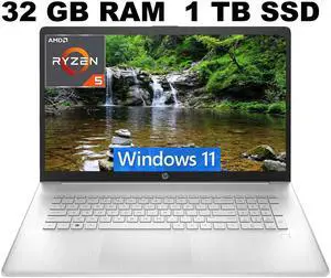 HP 17 Laptop, 17.3" FHD (1920 x 1080) Display, AMD Ryzen 5 5500U 6 Cores Processor, AMD Radeon Graphics, 32GB DDR4  1TB PCIe SSD, Webcam, HDMI, Wi-Fi, Windows 11 ,Office 2024 License