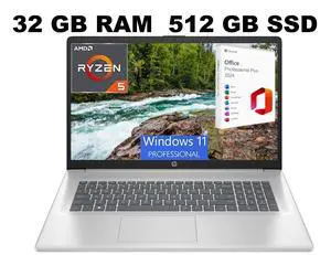 HP 17 Laptop, 17.3" FHD (1920x1080) Display, AMD Ryzen 5 7430U 6 cores Processor, AMD Radeon Graphics, 32GB DDR4  512GB PCIe SSD, Wi-Fi 6, Windows 11 Pro ,Office 2024 License
