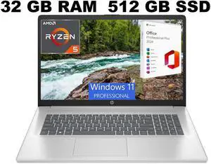 HP 17 Laptop, 17.3" FHD (1920x1080) Display, AMD Ryzen 5 7430U 6 cores Processor, AMD Radeon Graphics, 32GB DDR4  512GB PCIe SSD, Wi-Fi 6, Windows 11 Pro ,Office 2024 License