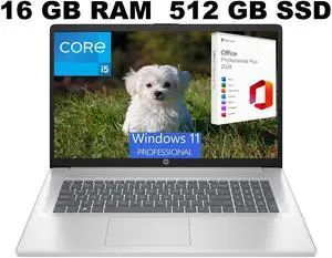 HP 17 Laptop, 17.3" FHD Display, Intel Core i5-1334U 10 Cores Processor, Intel Iris Xe Graphics, 16GB DDR4  512GB PCIe SSD, Wi-Fi 6, Webcam, Backlit Keyboard, Windows 11 Pro ,Office 2024 License