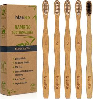 Bamboo Toothbrushes Medium Bristles 5-Pack - 4 White Wooden Toothbrushes, 1 Black Charcoal Toothbrush - Biodegradable, Natural, Eco-Friendly - BlauKe®