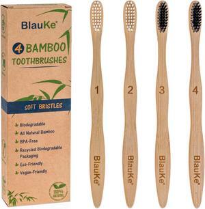 Bamboo Toothbrushes Soft Bristles 4-Pack - Biodegradable, Sustainable, Natural, Eco-Friendly - Black Charcoal Wooden Toothbrushes - BlauKe®
