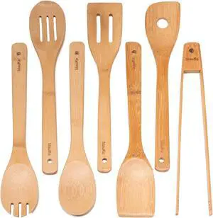 Wooden Spoons for Cooking 7-Pack - Bamboo Kitchen Utensils Set for Nonstick Cookware - Wooden Cooking Utensils Set - Wood Spatulas, Spoons, Tongs - BlauKe®