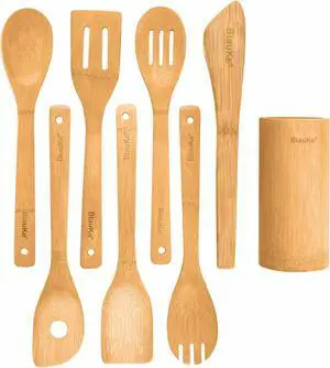 Wooden Spoons for Cooking 8-Pack - Bamboo Kitchen Utensils Set - Nonstick Wooden Cooking Utensils - Wood Spatulas, Spoons, Tongs, Utensil Holder - BlauKe®