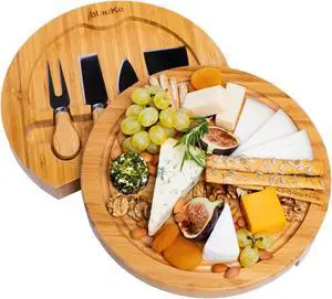 Bamboo Cheese Board and Knife Set - 10-inch Round Charcuterie Board, Serving Tray, Platter - Wood Cheese Board Set - Gift Idea - BlauKe®