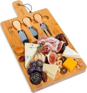 Bamboo Cheese Board and Knife Set 12x8 inch - Wood Cheese Cutting Board, Serving Tray Platter, Charcuterie Board Set, Magnetic Cheese Knives - BlauKe®
