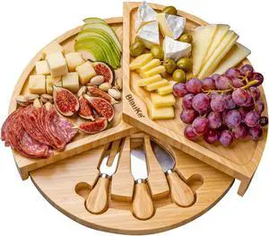 Bamboo Cheese Board and Knife Set - 14-inch Round Charcuterie Board, Serving Tray, Platter - Wood Cheese Board Set with Slide-Out Drawer - BlauKe®