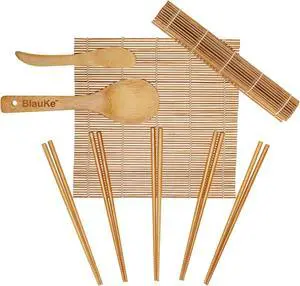 Sushi Making Kit - 2 Bamboo Sushi Rolling Mats, 5 Pairs Chopsticks, Rice Paddle, Spreader - Beginner Sushi Maker Kit with Roller Mat and Accessories - BlauKe®