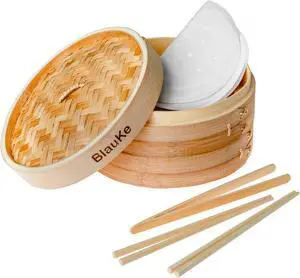 Bamboo Steamer Basket 10-inch with Chopsticks, Tongs, 50 Paper Liners - 2-Tier Food Steamer for Cooking Dumplings, Vegetables, Meat, Fish, Rice - BlauKe®