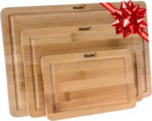 Wood Cutting Boards for Kitchen - Bamboo Cutting Board Set with Juice Groove and Handles - Wooden Chopping Board, Serving Tray - BlauKe®