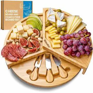 Bamboo Cheese Board and Knife Set - 14-inch Round Charcuterie Board, Serving Tray, Platter - Wood Cheese Board Set with Slide-Out Drawer - BlauKe®