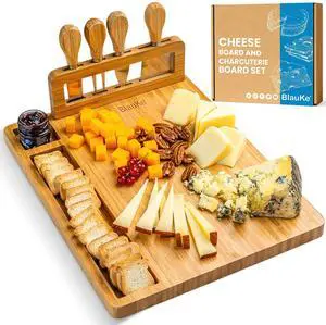 Bamboo Cheese Board and Knife Set 14x11 inch - Wood Cheese Cutting Board, Serving Tray Platter, Charcuterie Board Set with 4 Cheese Knives - BlauKe®