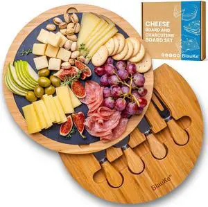 Bamboo Cheese Board with Knife Set and Slate - 12 inch Round Charcuterie Board, Serving Tray, Platter, Wood Cheese Board Set - Gift Idea - BlauKe®