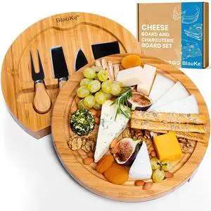 Bamboo Cheese Board and Knife Set - 10-inch Round Charcuterie Board, Serving Tray, Platter - Wood Cheese Board Set - Gift Idea - BlauKe®