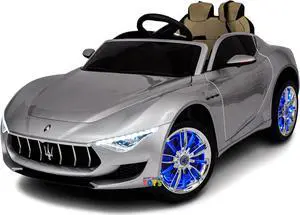 Kids Outdoor Toys 12V Battery Electric Car with Remote Control Ride On Cars Leather Seat LED Wheels, MP4 Screen, Silver Americas Toys Compatible with Maserati